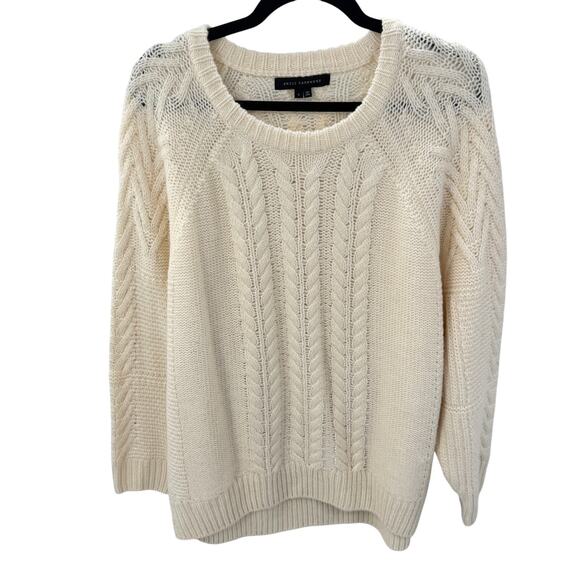 Skull Cashmere Cableknit Sweater Ribbed Crew‎ Neck Merino Wool Size Large Cream - Picture 2 of 6